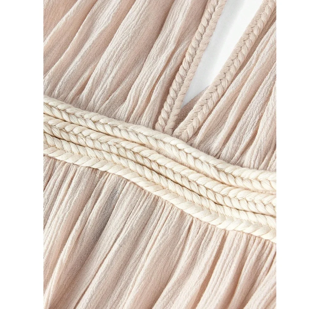 Beige Cream Viscose Greek Goddess Jumpsuit V-Neck Braided Straps Ties - Picture 11 of 14